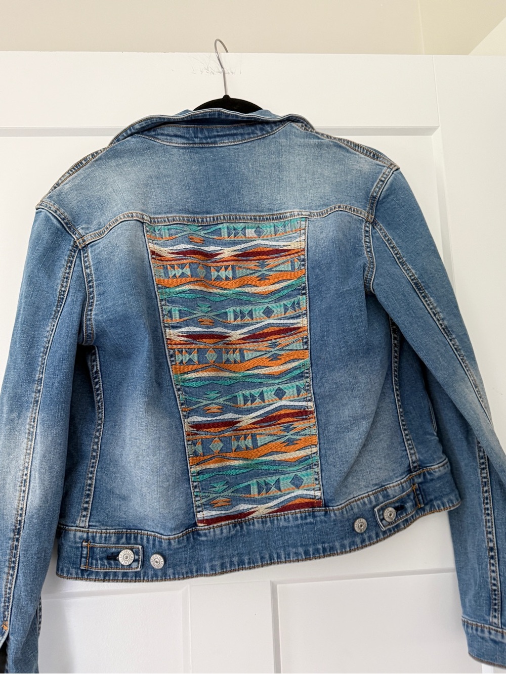 LuLaRoe Light Wash Denim Jacket with Teal & Orange Embroidered Panel